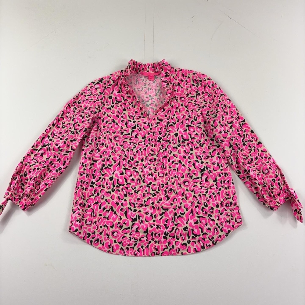 Lilly Pulitzer Blouse Womens XXS Pink Animal Print V-Neck Long Puff Sleeve